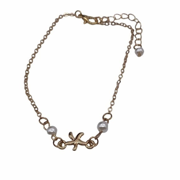 Starfish Tassel Gold Tone Bracelet With Faux Pearl Accents Adjustable Chain - Picture 1 of 6